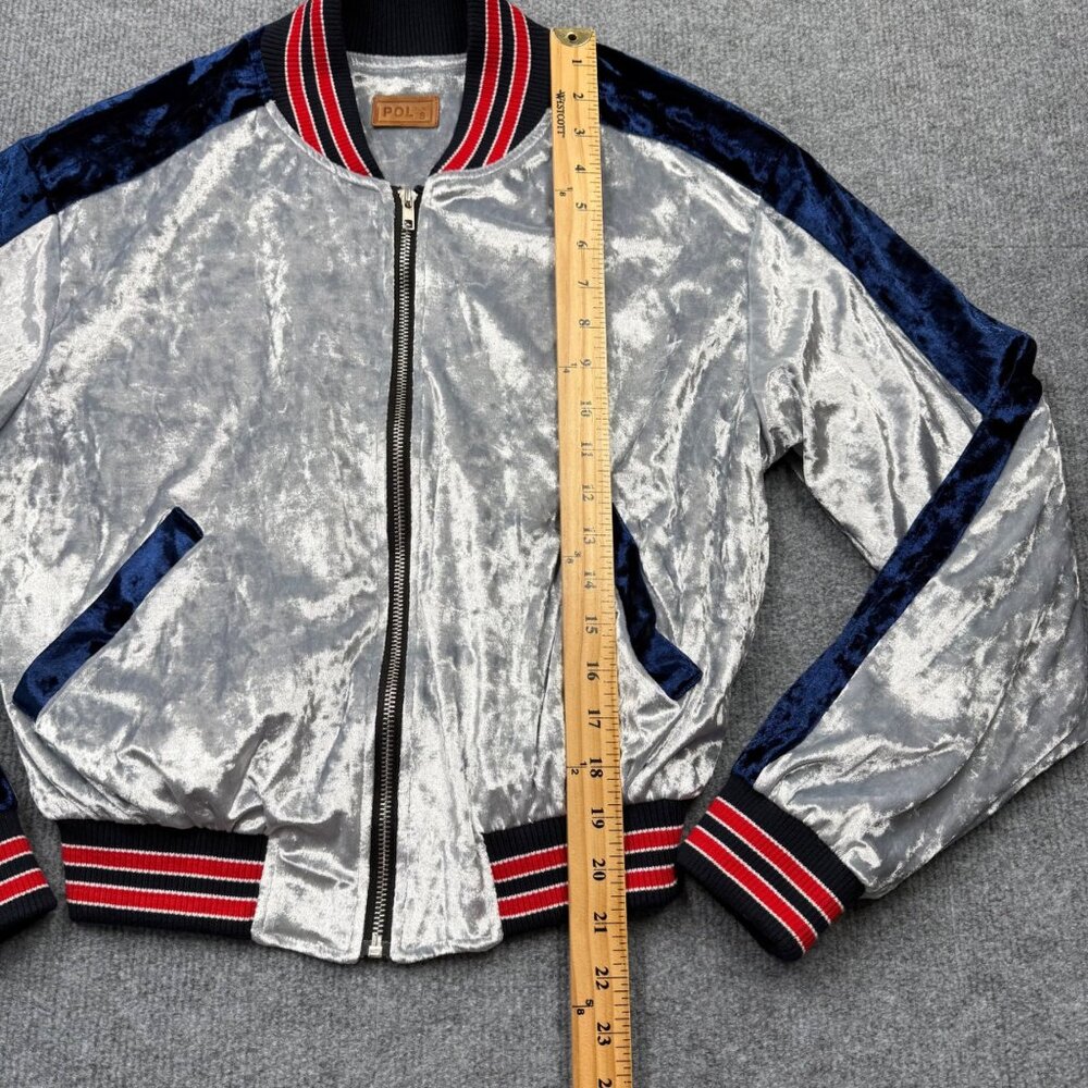 POL Crushed Velvet Colorblock Bomber Jacket Y2K Sporty Luxe Women S Blue Silver - Picture 10 of 11